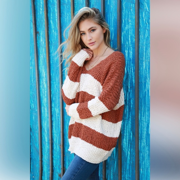 Soft Sherpa V Neck Stripe Oversize Sweater - Picture 2 of 5